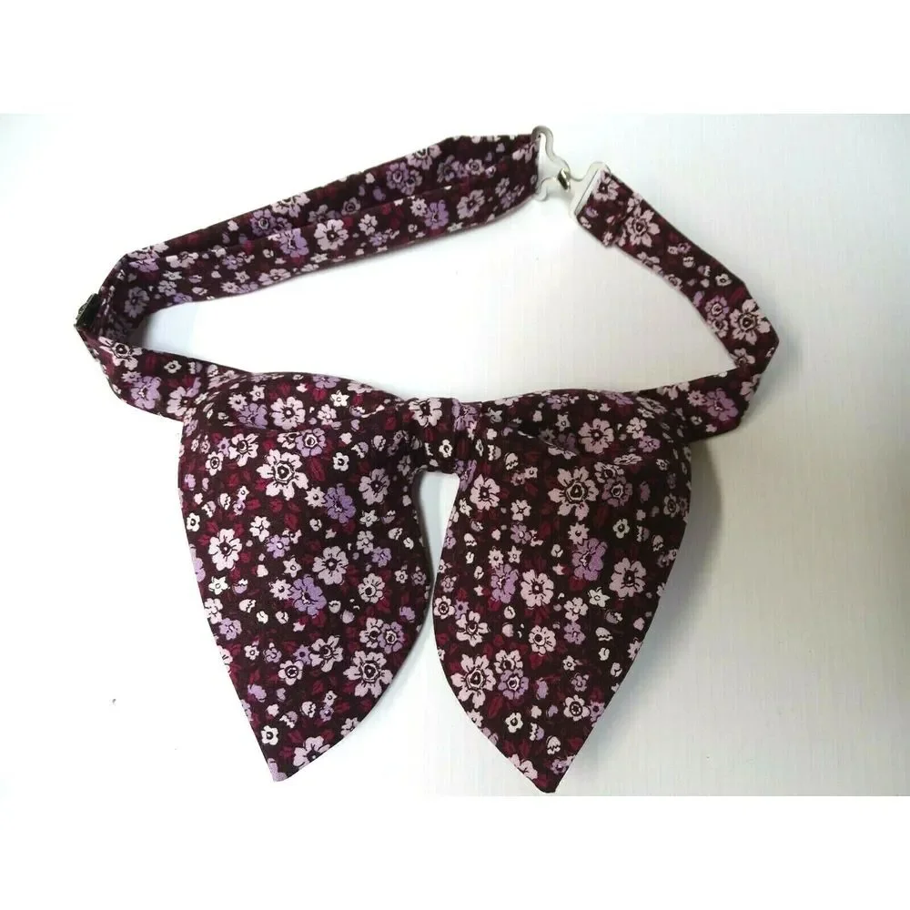 Oversized Burgundy Floral‎ Bow tie Vintage style 70s Wedding Prom Gift for Him